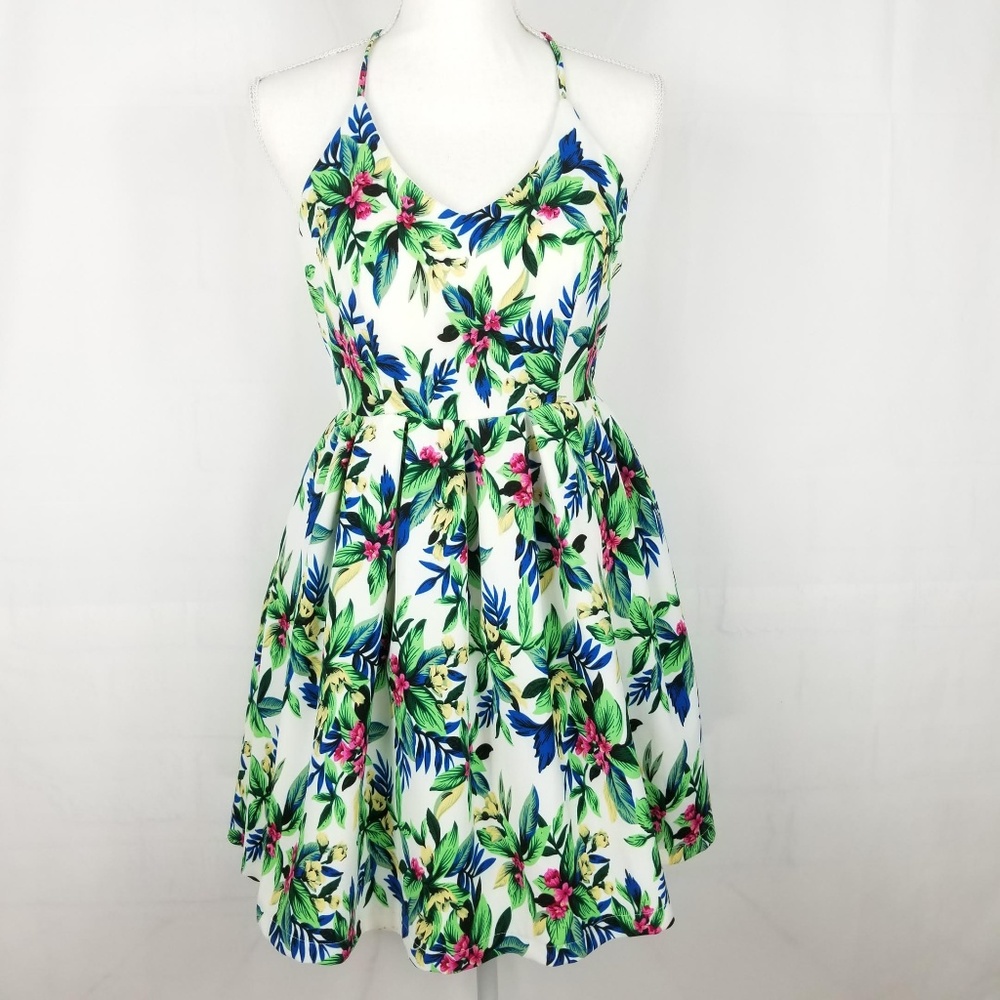 Paper Crane Tropical Green Pink Floral Dress Sz S